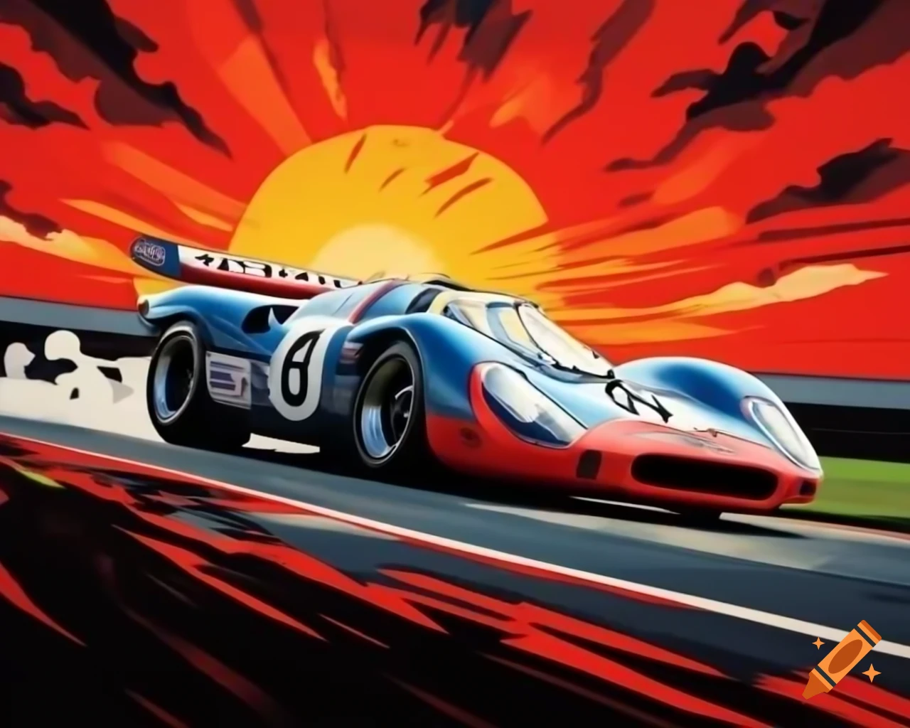 Vintage Indy Grand Prix Porsche 917 and Ford GT40 racing with red dust clouds in ultra wide angle view