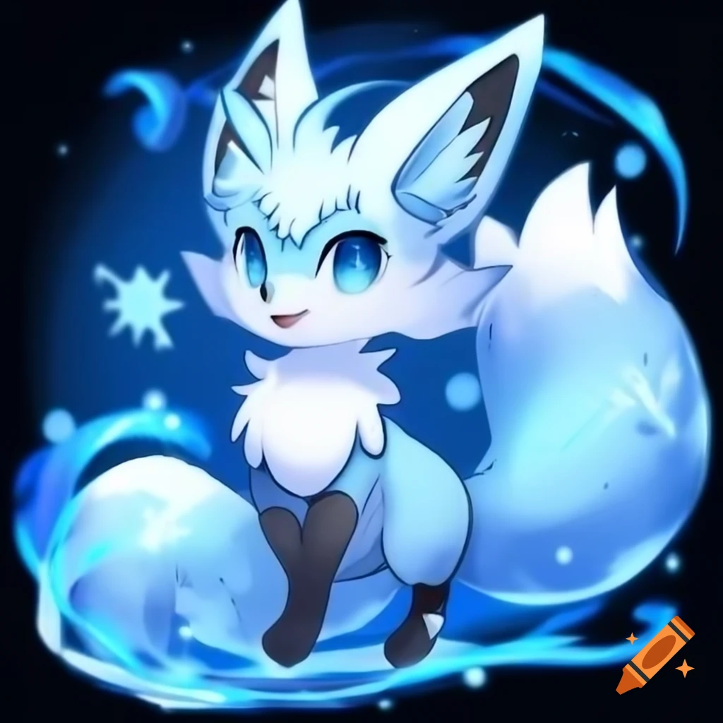 Fluffy blue fox in Pokémon style with icy smile and drifting snowflakes