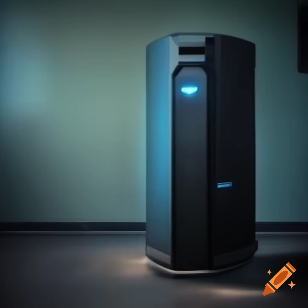 Futuristic tower computer in small room