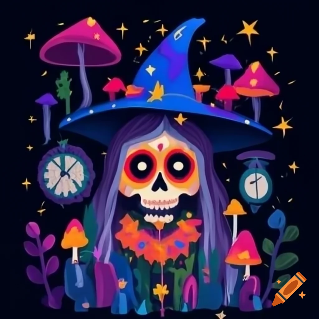 Wizard with Grateful Dead inspiration featuring mushrooms, clocks, floating doors, plants, and stars