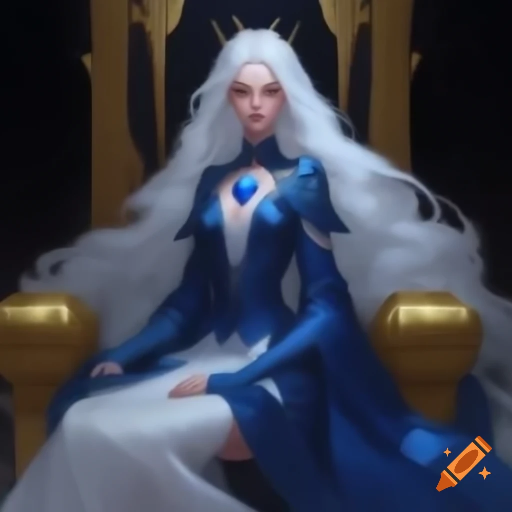 Young empress with white hair and blue streak on golden throne in sapphire dress