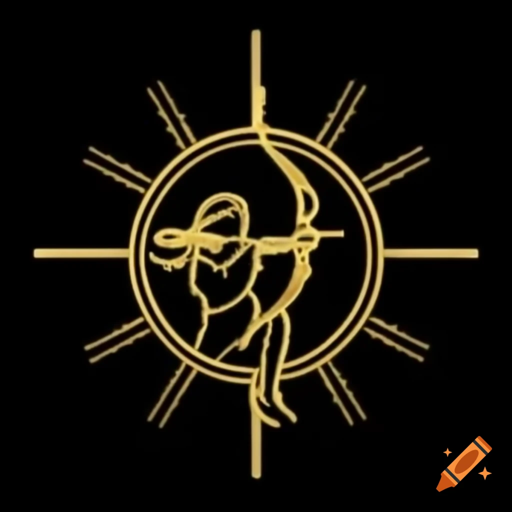 Gold outline of pagan woman archery with sun rays on black background