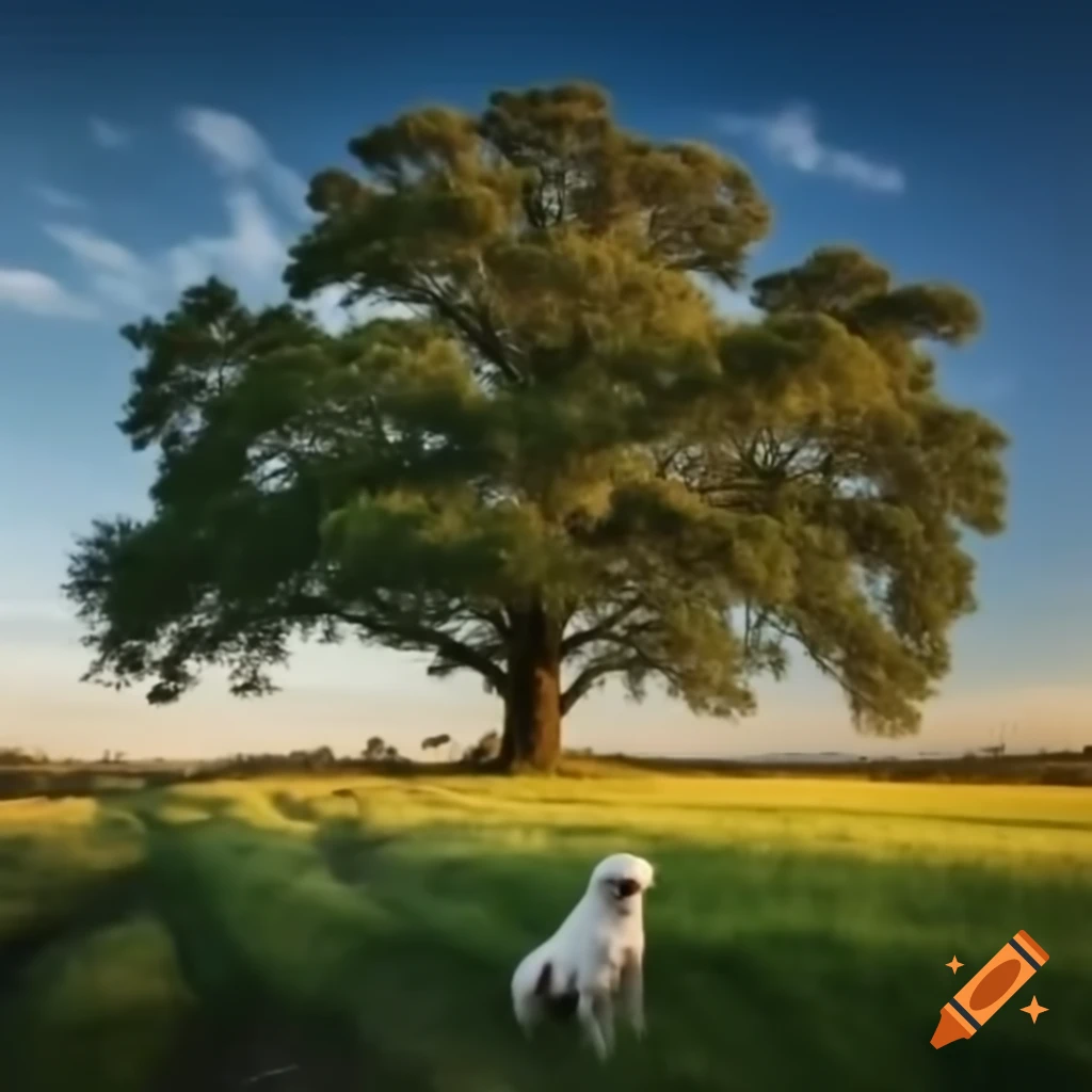 Labrador dog next to a tree with a serene sea in the background