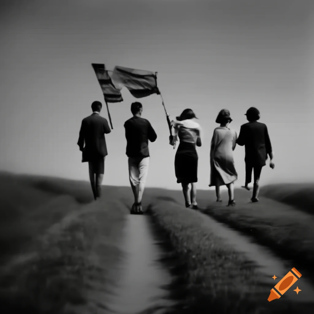 Group of five people walking with a flag through a meadow