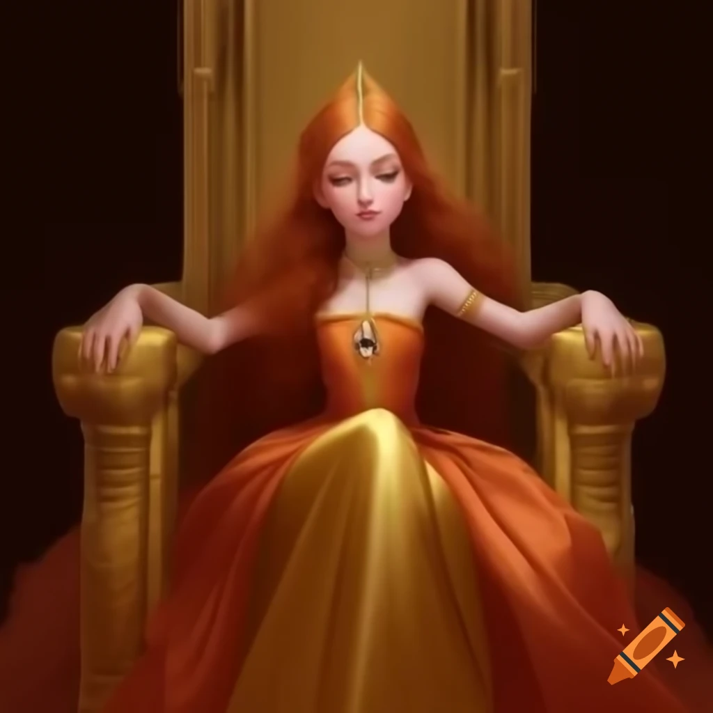 Young empress with red hair in orange and gold dress seated on golden throne