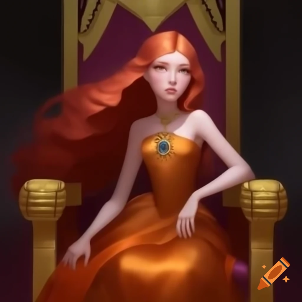 Young empress with red hair in orange and gold dress seated on golden throne