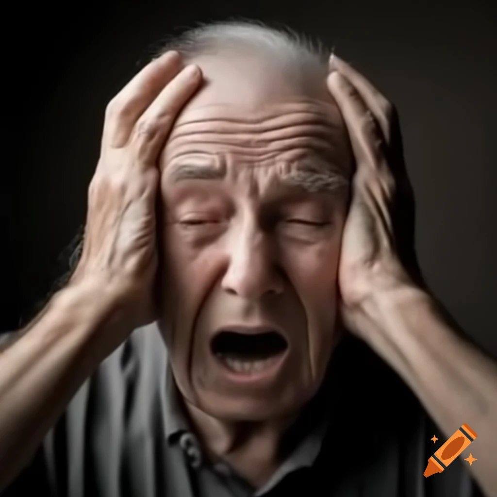 Stressed old man pulling his hair with mouth slightly open