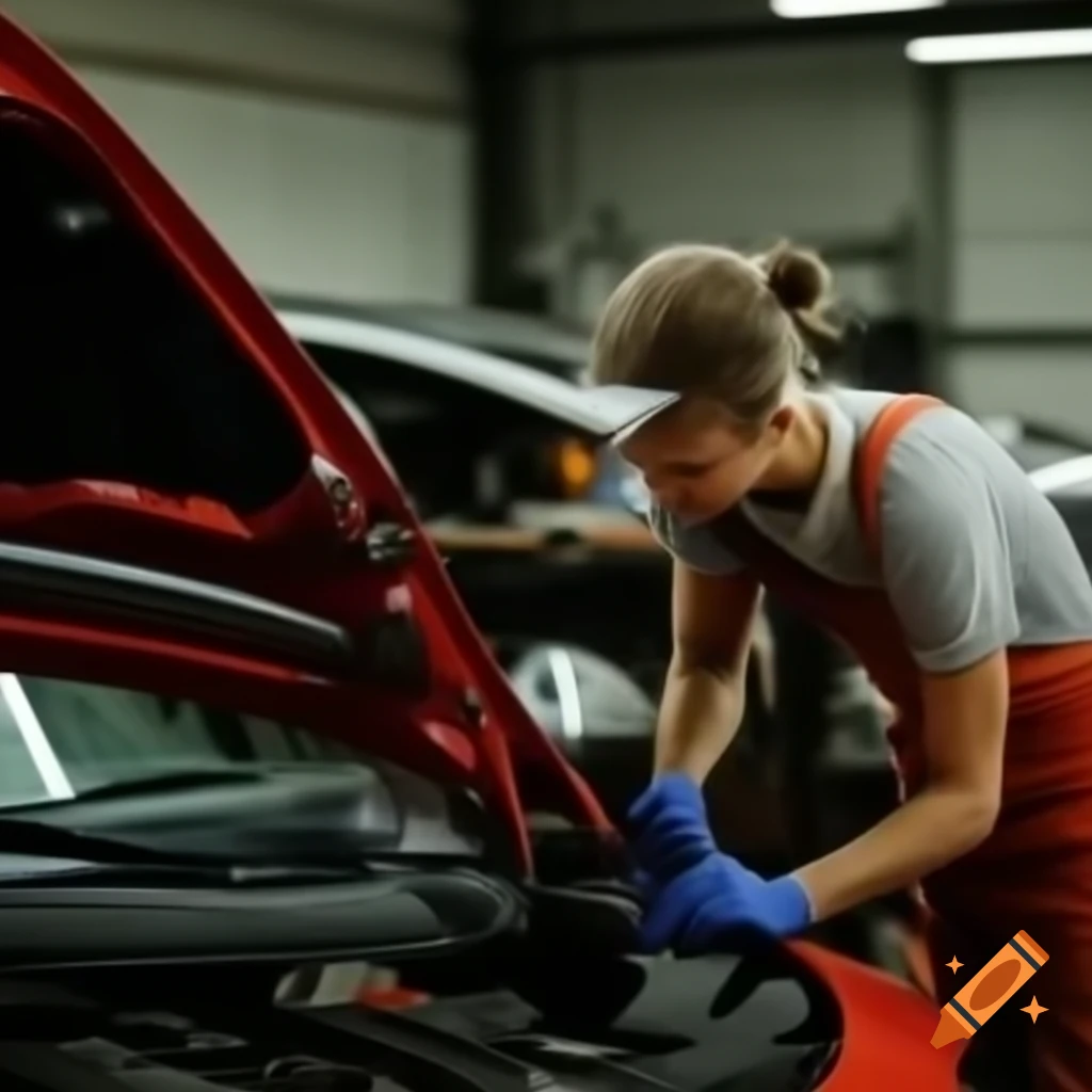 Car workshop interior with tools and vehicles