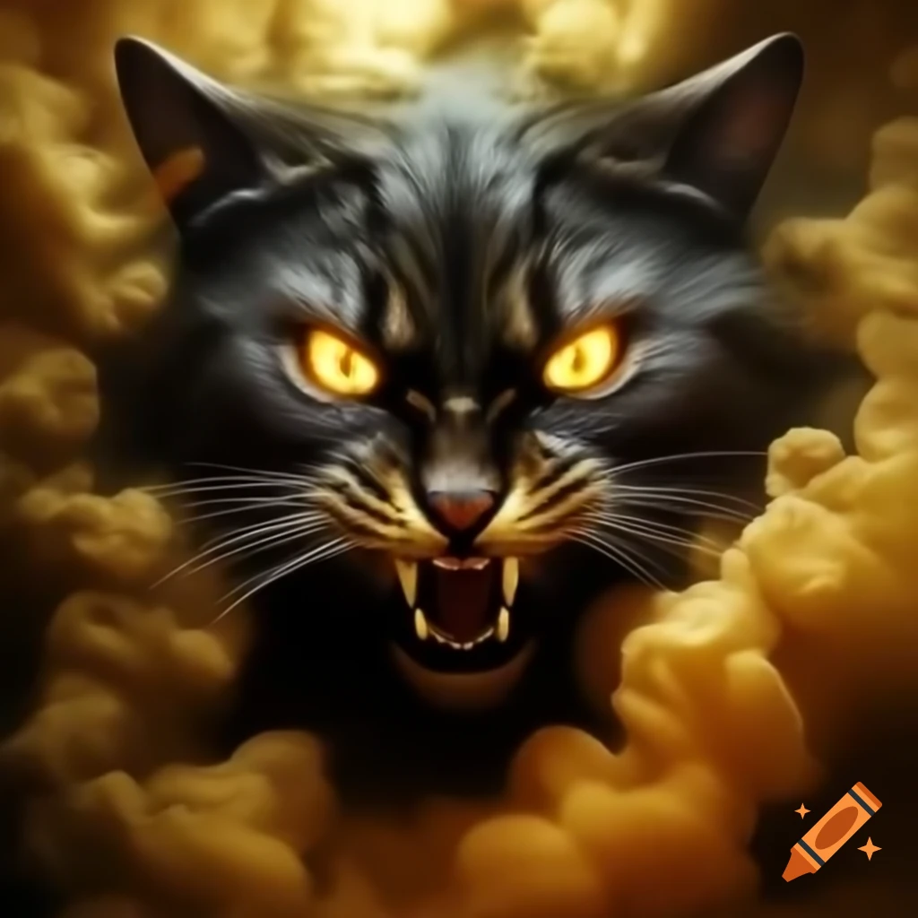 Shadowy feline visage in gold mist with angry gleaming eyes