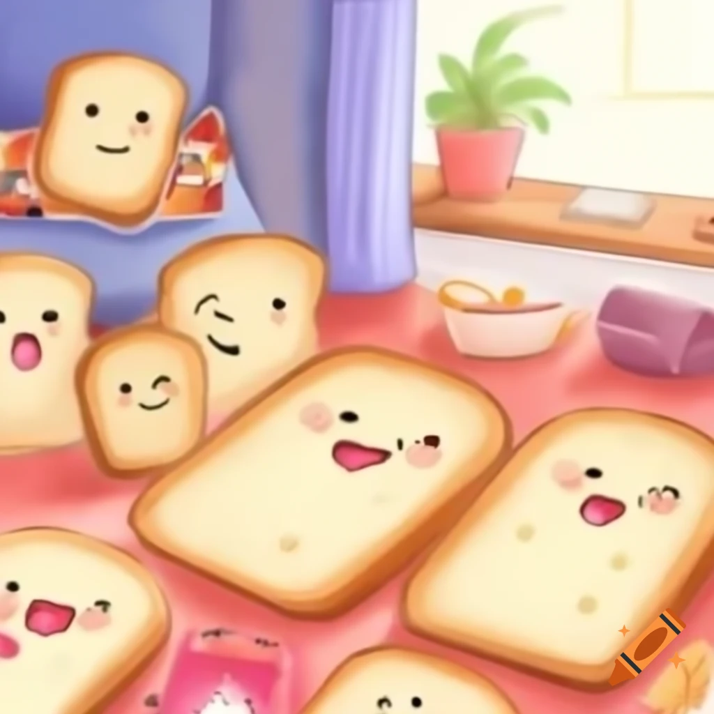 Illustration of cheerful bread slices having a party in living room