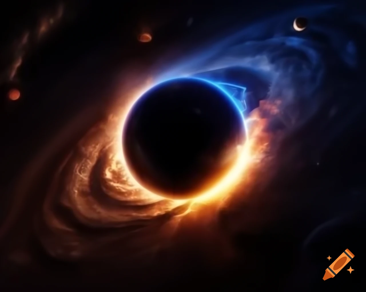 Realistic black hole in star-filled space with artistic lens flare