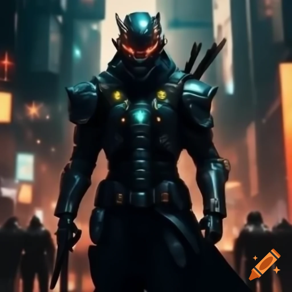 Lone warrior in cyberpunk armor against neon cityscape