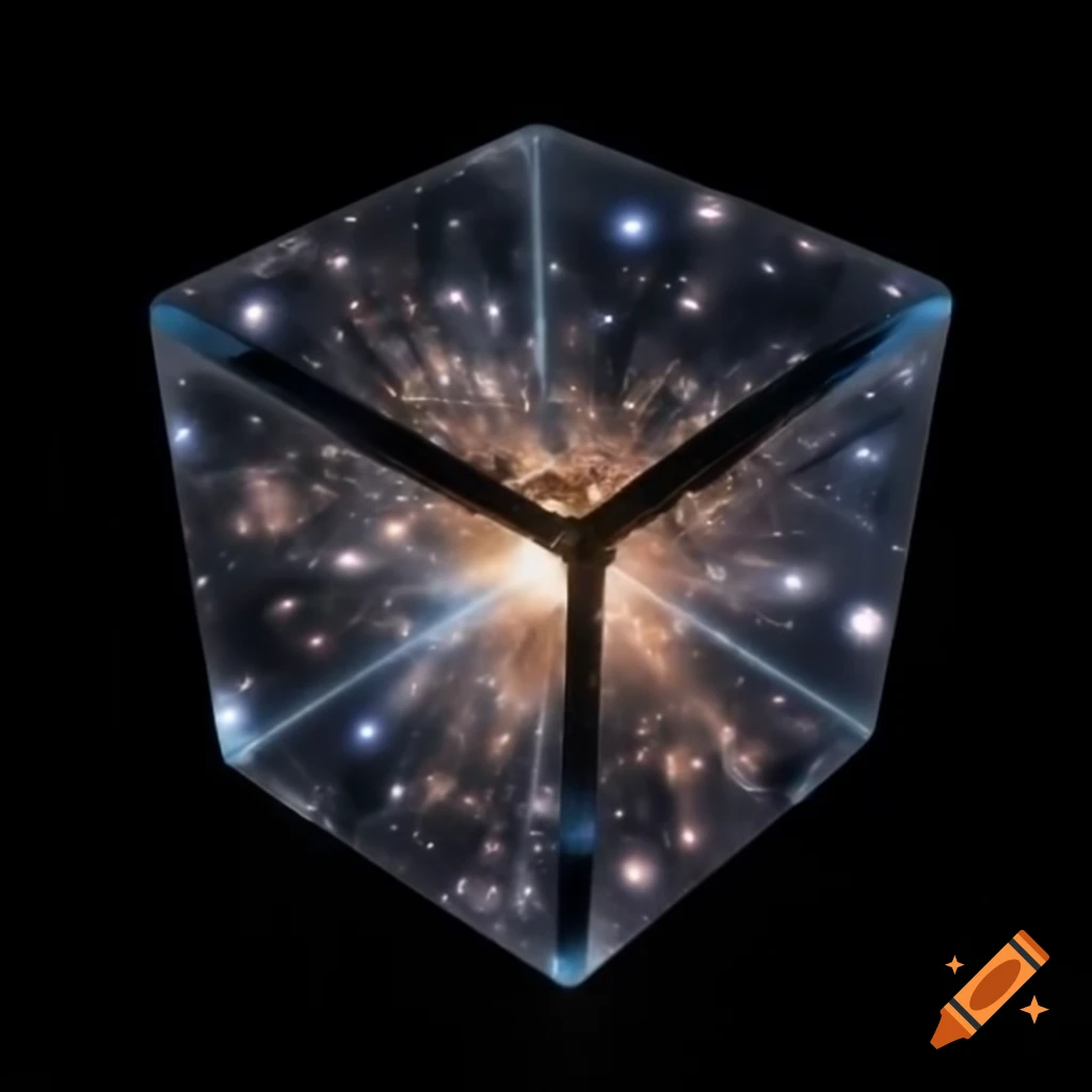 Cube containing galaxies on black background