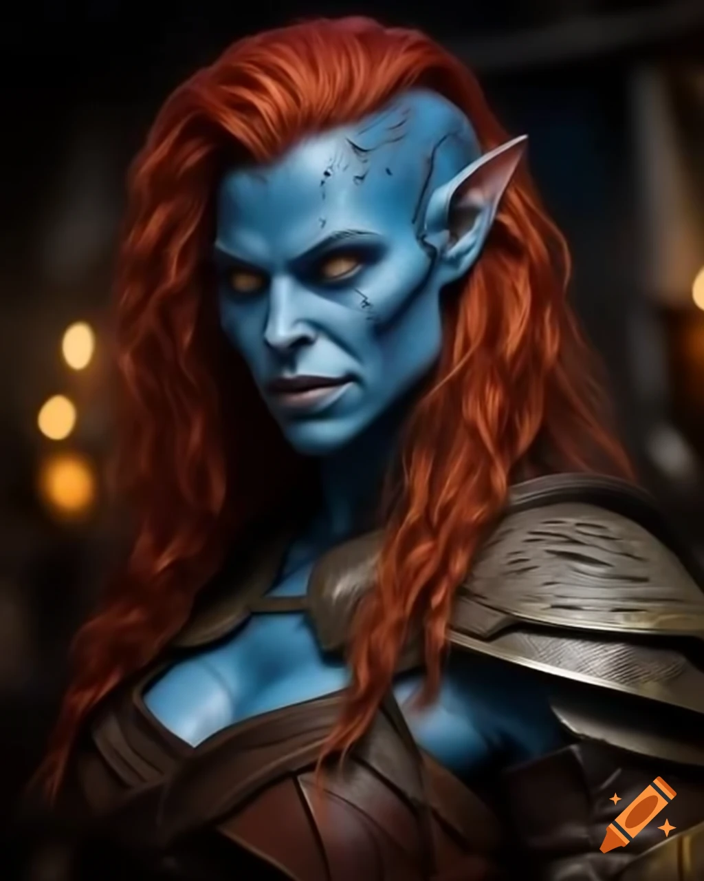 Blue-skinned, red-haired female ogre sorceress in leather armor wielding magic in photo-realistic style