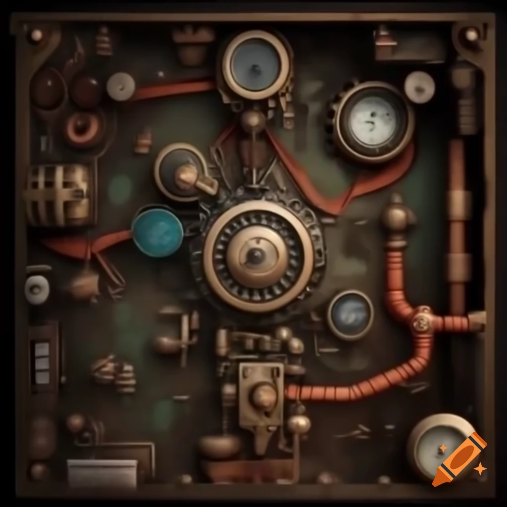 Intricate arcane machine interior with brass, copper, and mechanical components