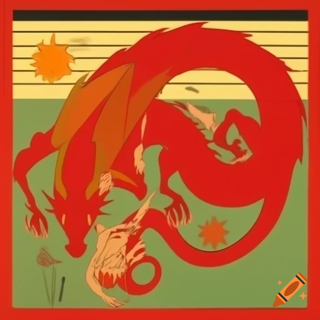 Art nouveau illustration of 'The Great Red Dragon and the Woman Clothed with Sun' with clean bold lines