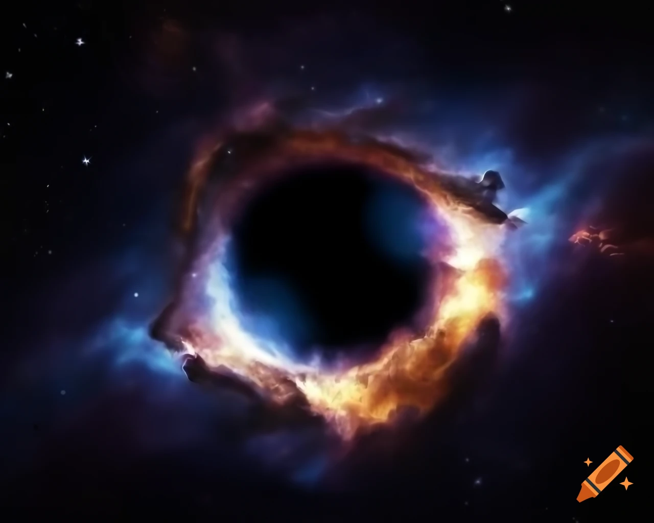Realistic depiction of a black hole surrounded by stars in dark blue and black with hints of purple and white