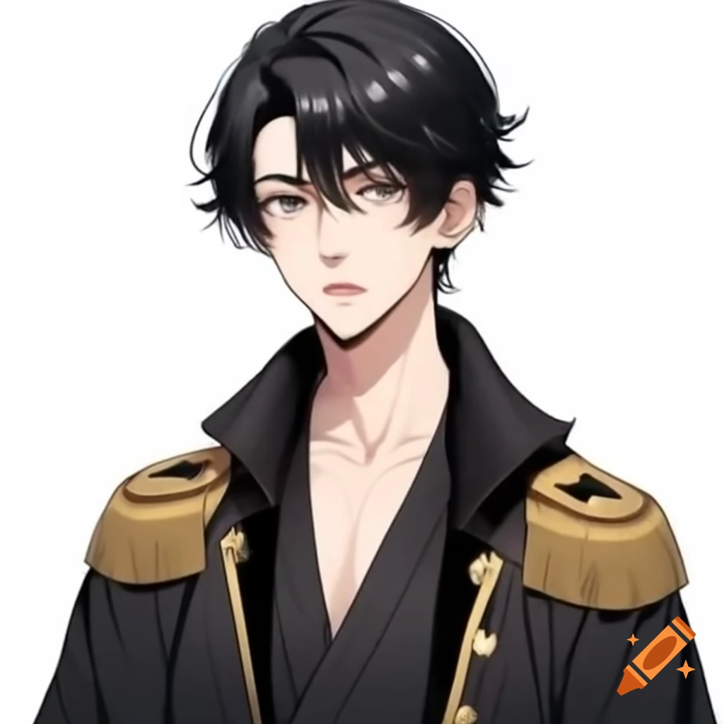 Handsome man in military black robe with medium length black hair