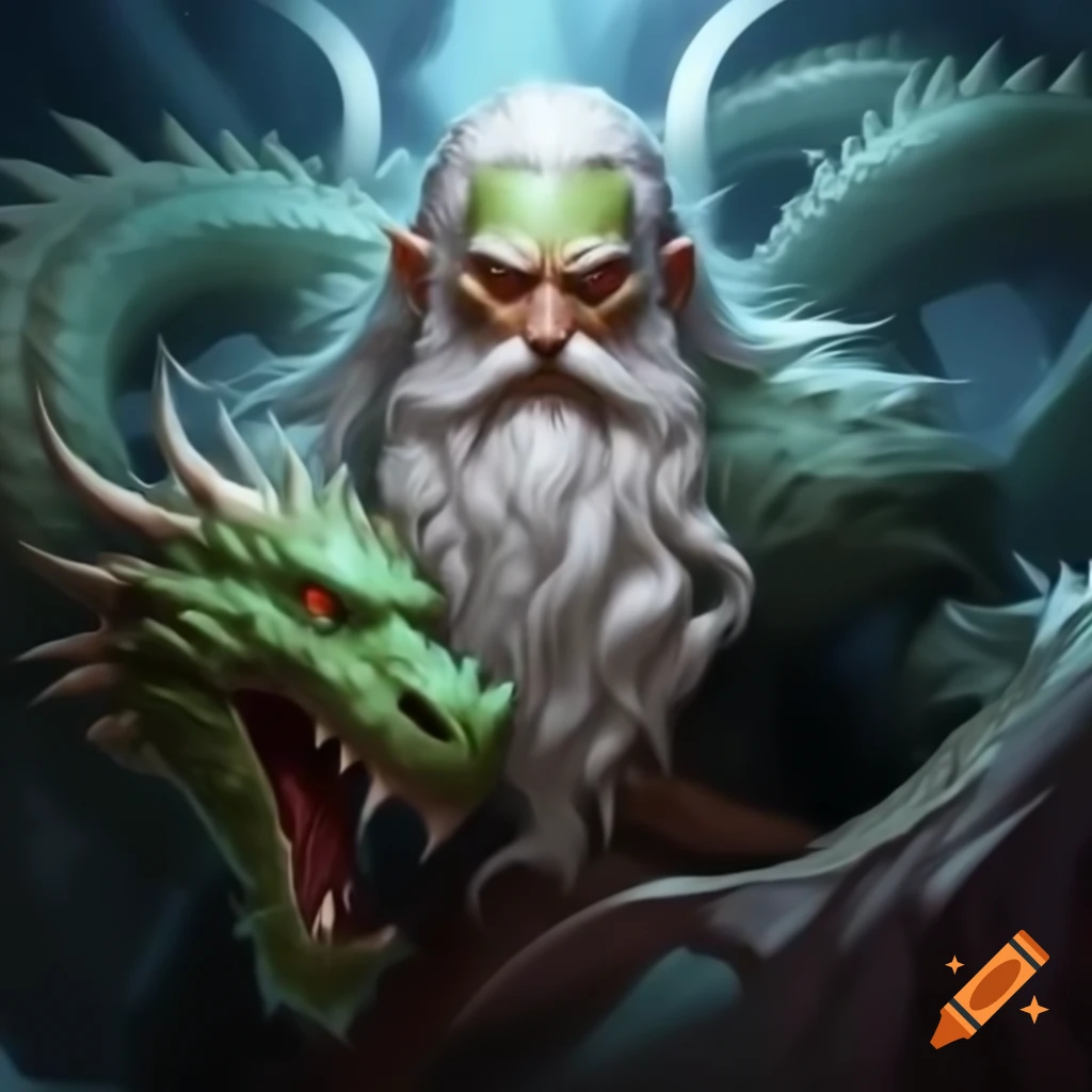 Druid with white beard transforming into a dragon