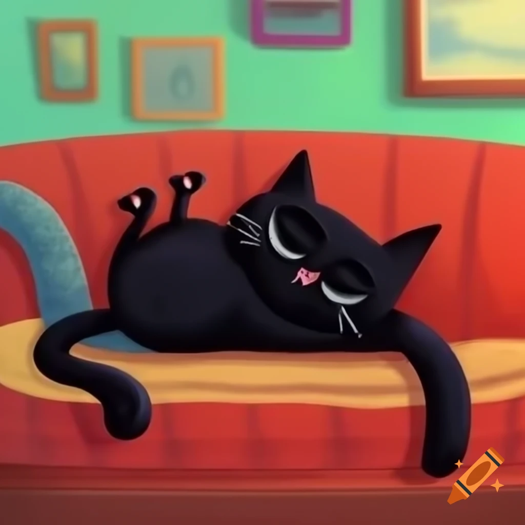 Cartoon art of black cat lying on the couch