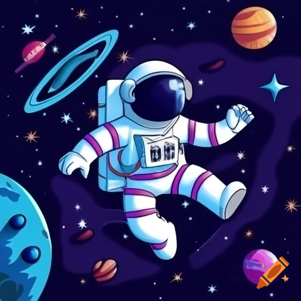 Cartoon-style astronaut flying through a Tim Burton-inspired universe