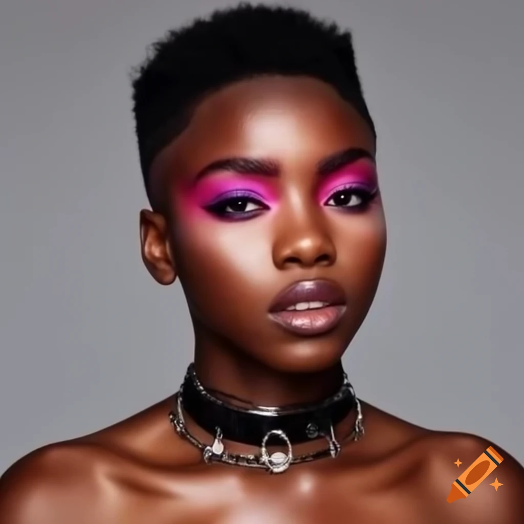 Striking portrait of young African American woman with pixie haircut and bold makeup