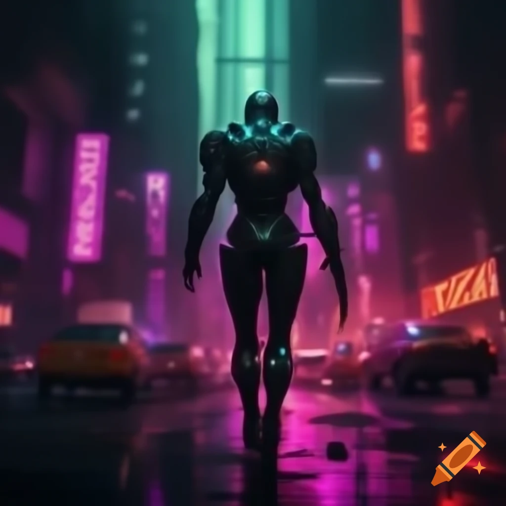 Cyborg warrior walking amid neon urban towers, glowing reflections