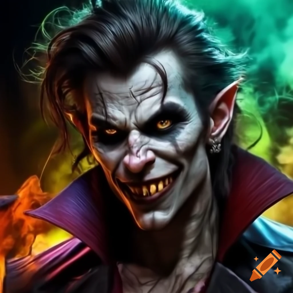 Psychedelic vampire with piercings and green smoke background, realistic style