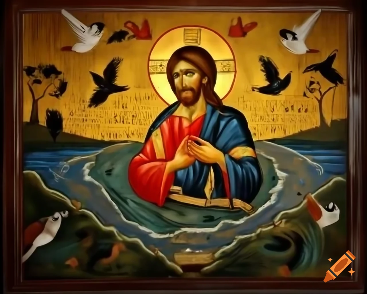 Byzantine mosaic of Jesus surrounded by birds and water by Svetoslav Roerich
