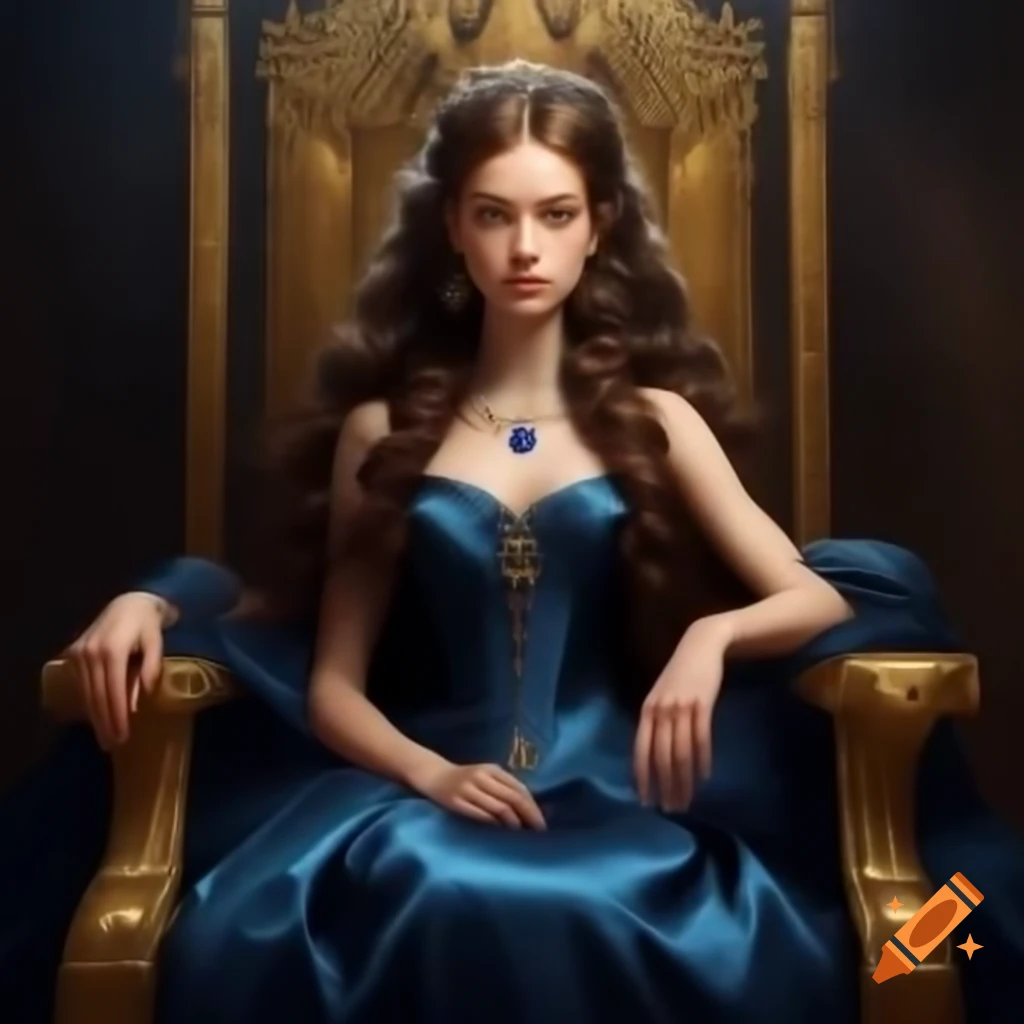 Young empress with brunette hair on golden throne in sapphire silk dress
