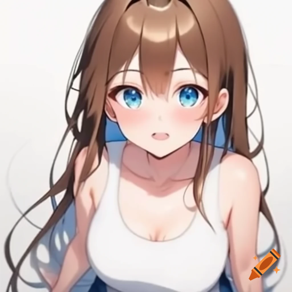 Anime girl with brown hair and blue eyes in crop top and short jeans