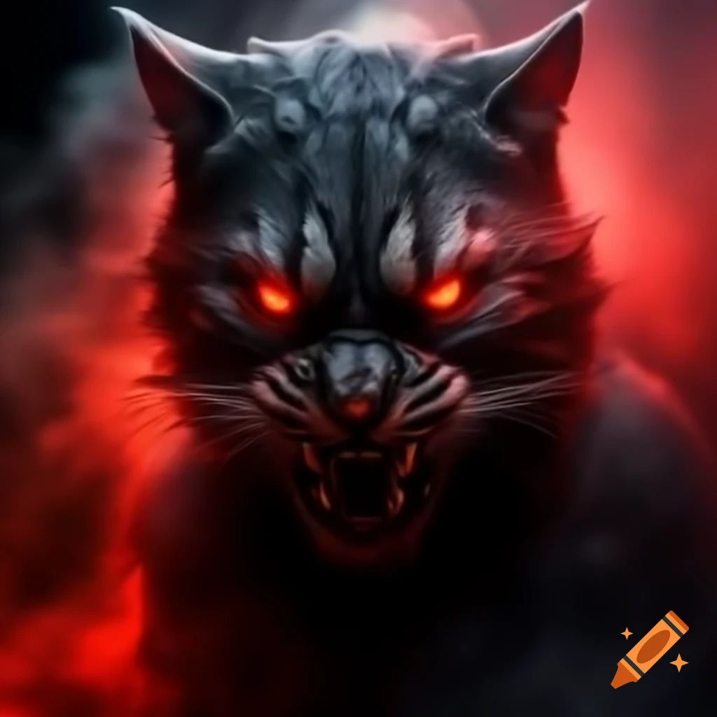 Demonic cat face emerging from red mist