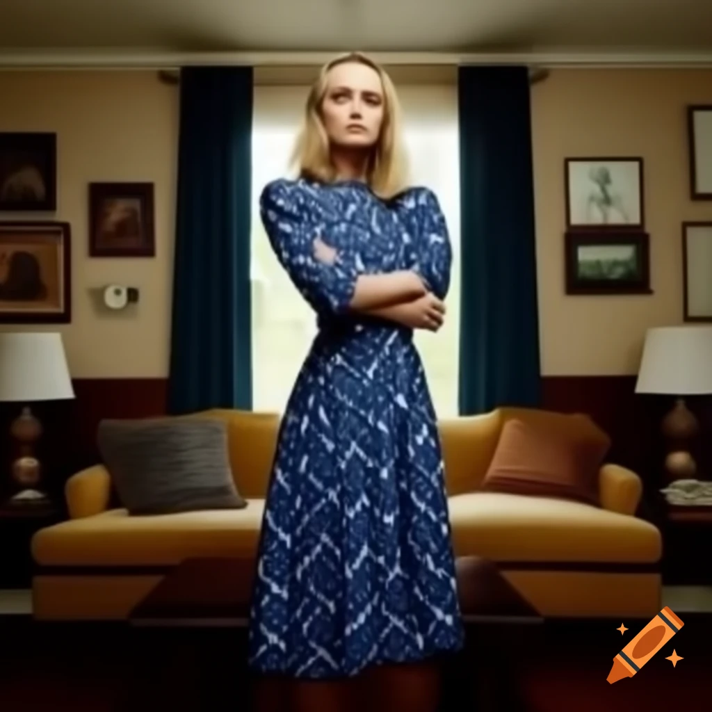 Diane Kruger in blue patterned dress in British flat living room inspired by Oasis album cover