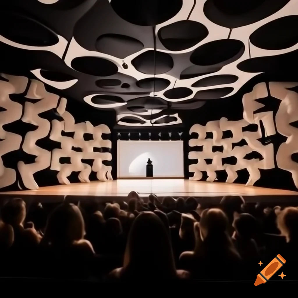 Modern architecture of fall fashion runway stage with unique reflective design