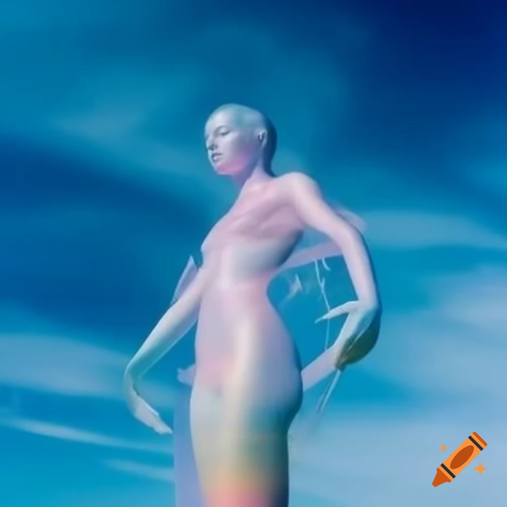 Pop surreal photography featuring iridescent statue against bright sky