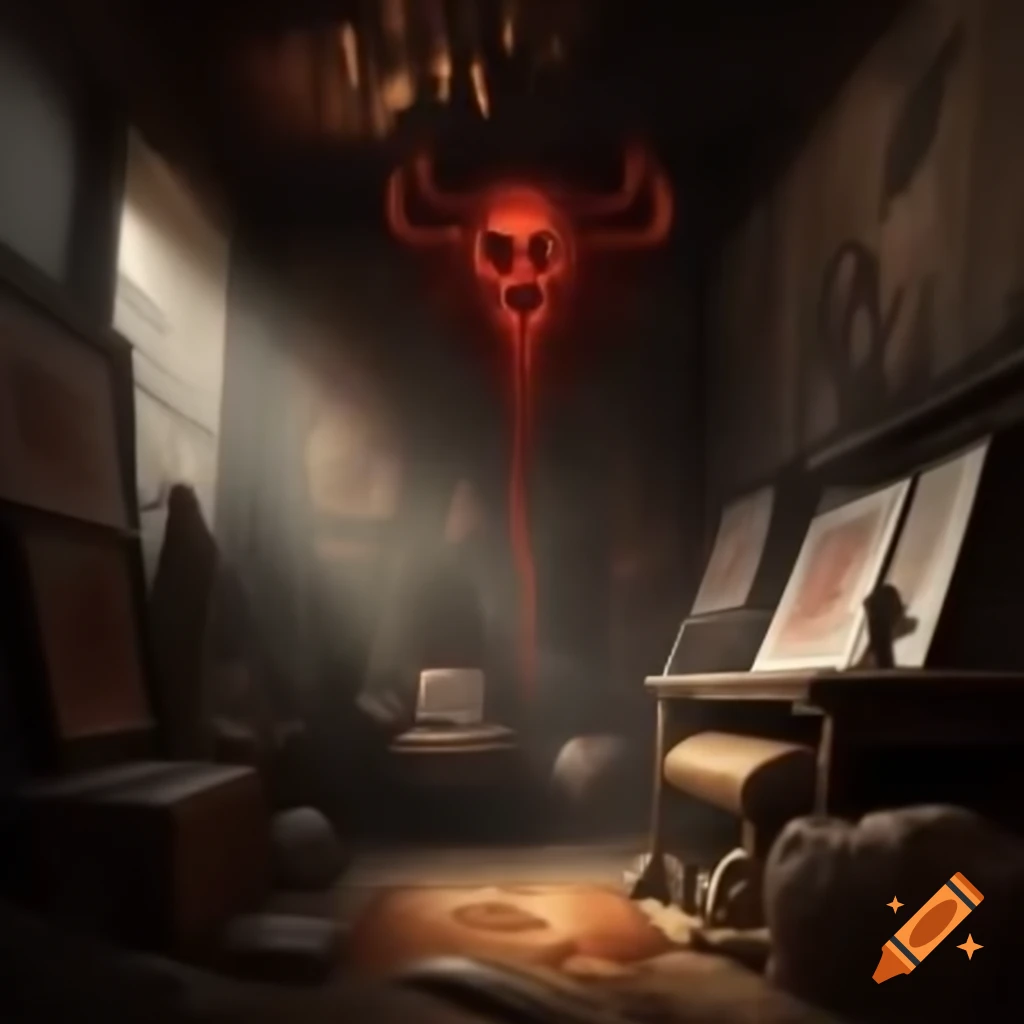 Scary house room with demonic drawings on walls