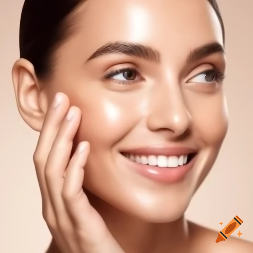 Close-up of woman smiling with clear skin in soft lighting