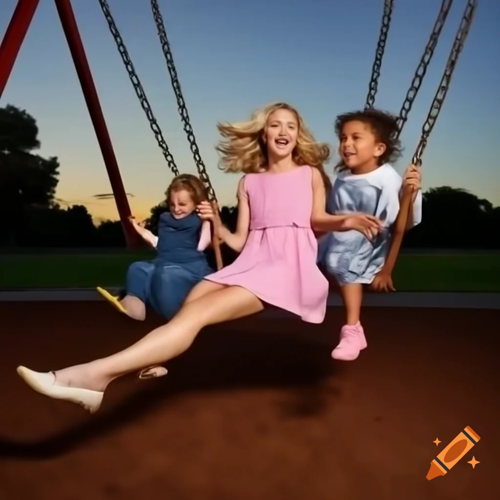 Carefree woman in pink dress enjoying swinging at playground with children