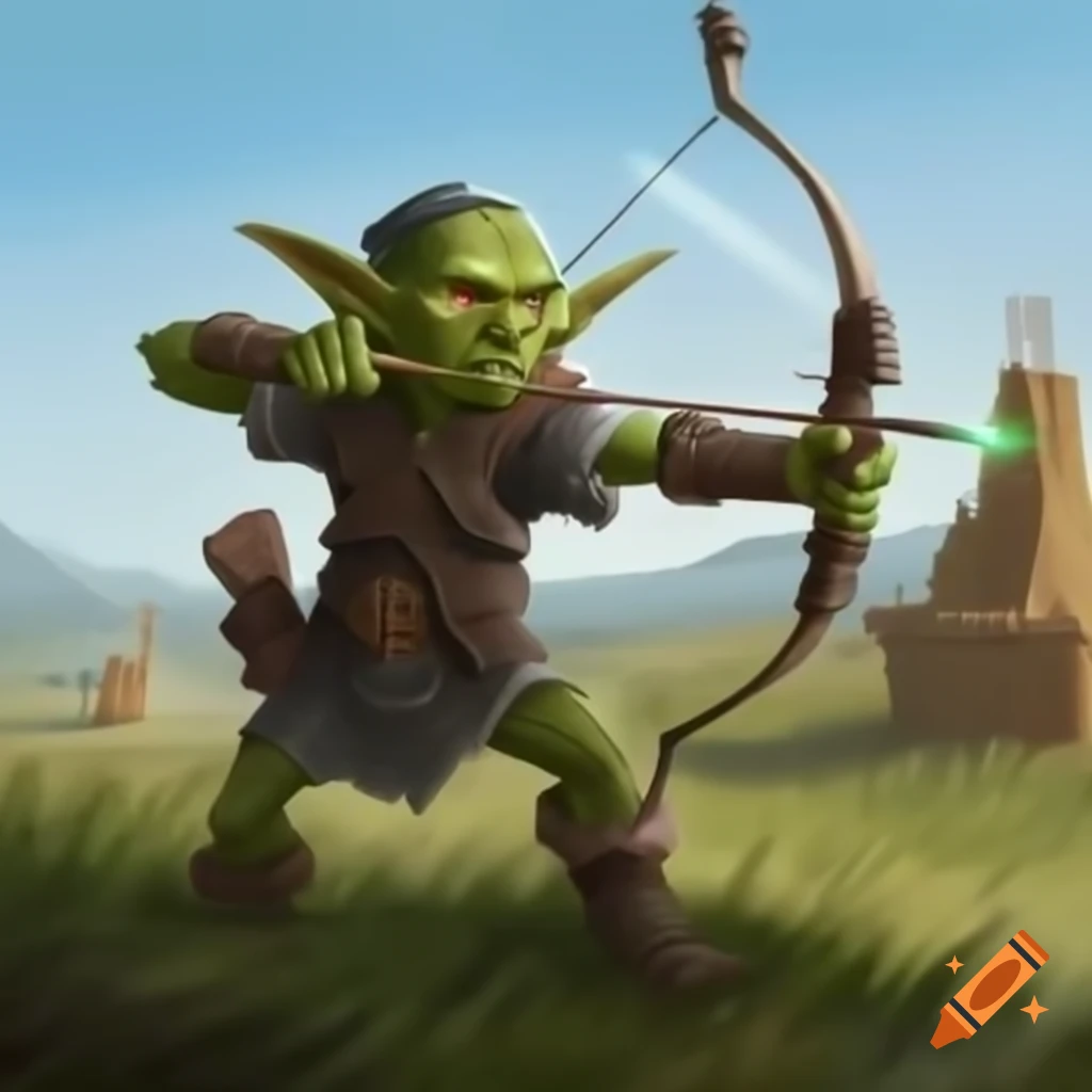 Goblin archer aiming at straw target in grassy field, Magic: The Gathering card art