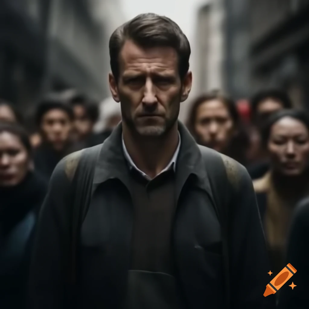 Sad man surrounded by crowds in a corporate environment