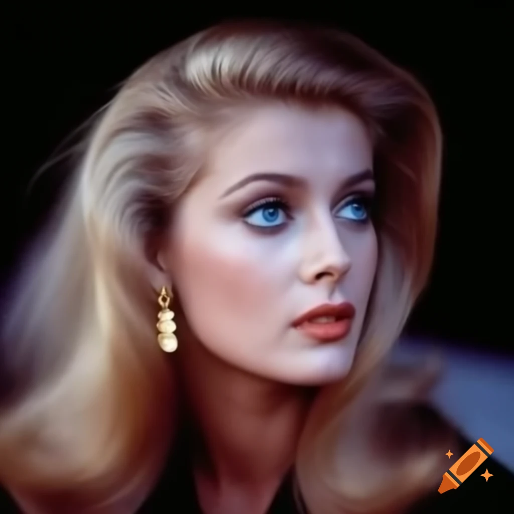Hyper-realistic photograph of a beautiful European actress from 1963 with porcelain skin and blue eyes