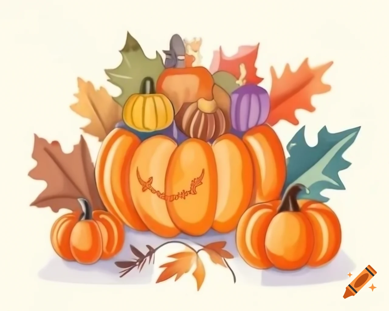 Pumpkin-shaped Thanksgiving sugar bowl in vibrant autumn colors, watercolor style