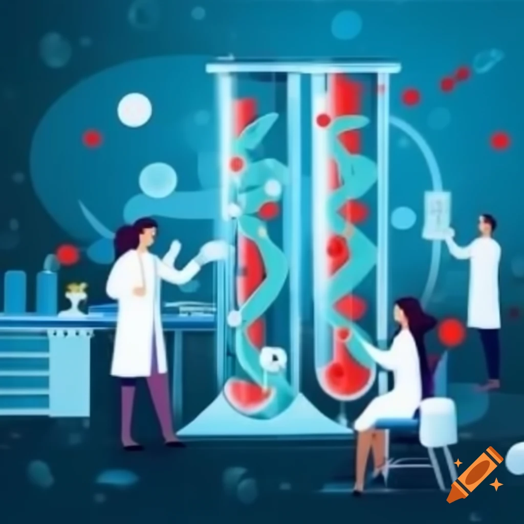 Researchers in laboratory with test tubes, DNA double helix, and floating neurons