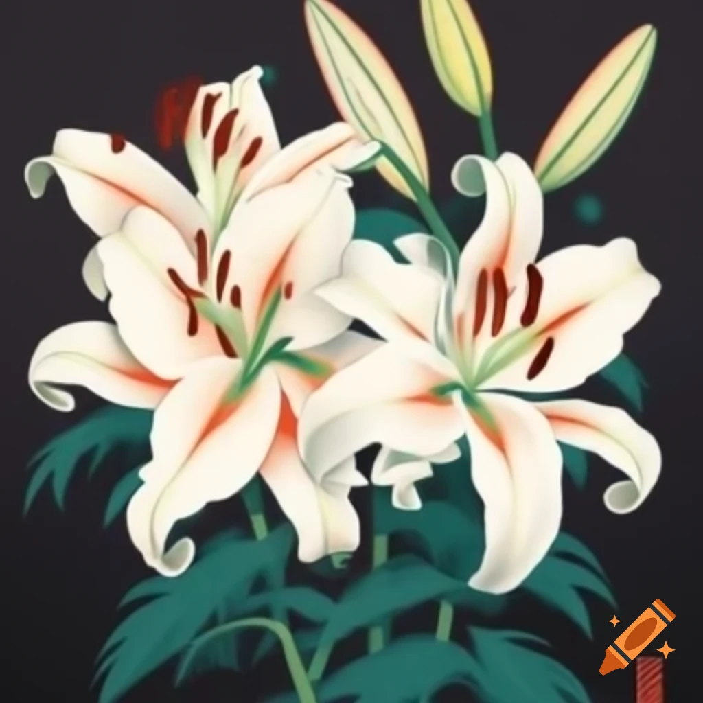White lilies in traditional Japanese art style