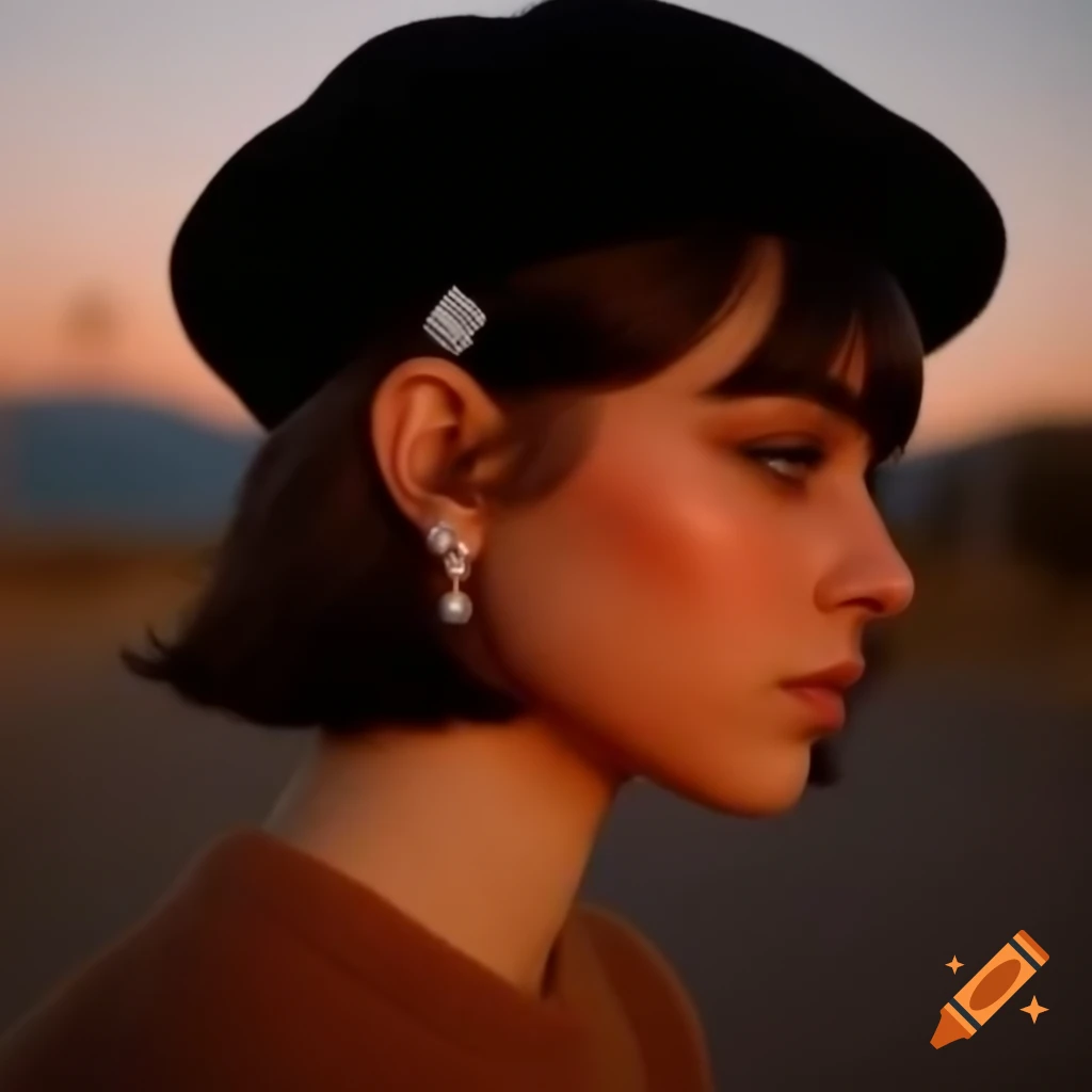 Stylish girl with brown skin and beret smiling at sunset on campus