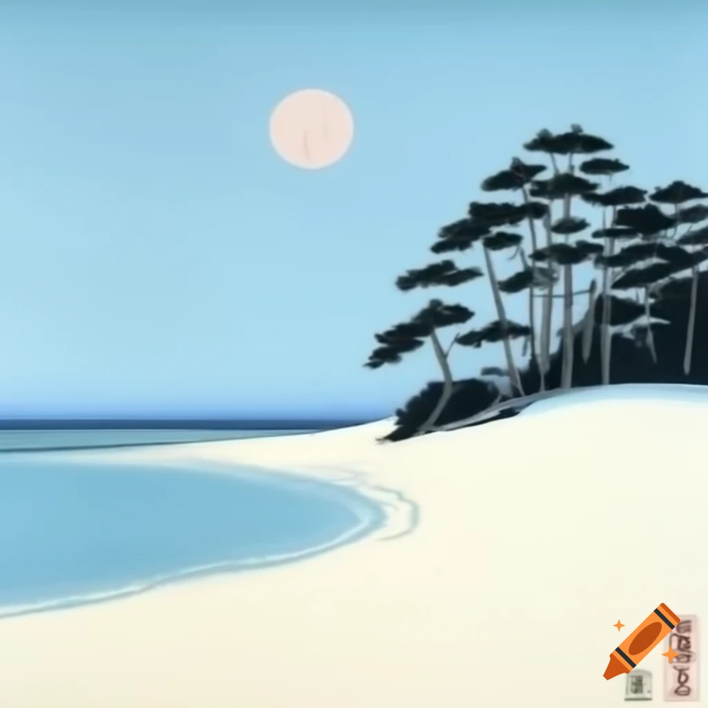 White sand beach with pine trees in Japanese traditional art style