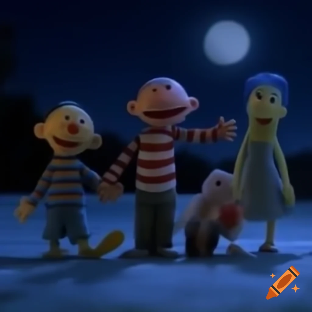Animated night scene featuring humorous puppets on craiyon