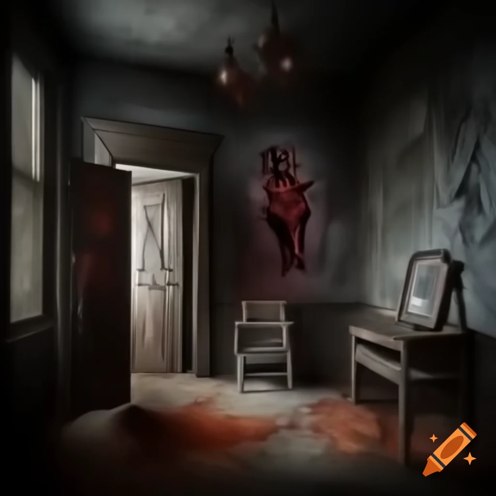Scary room with demonic drawings and depictions on walls