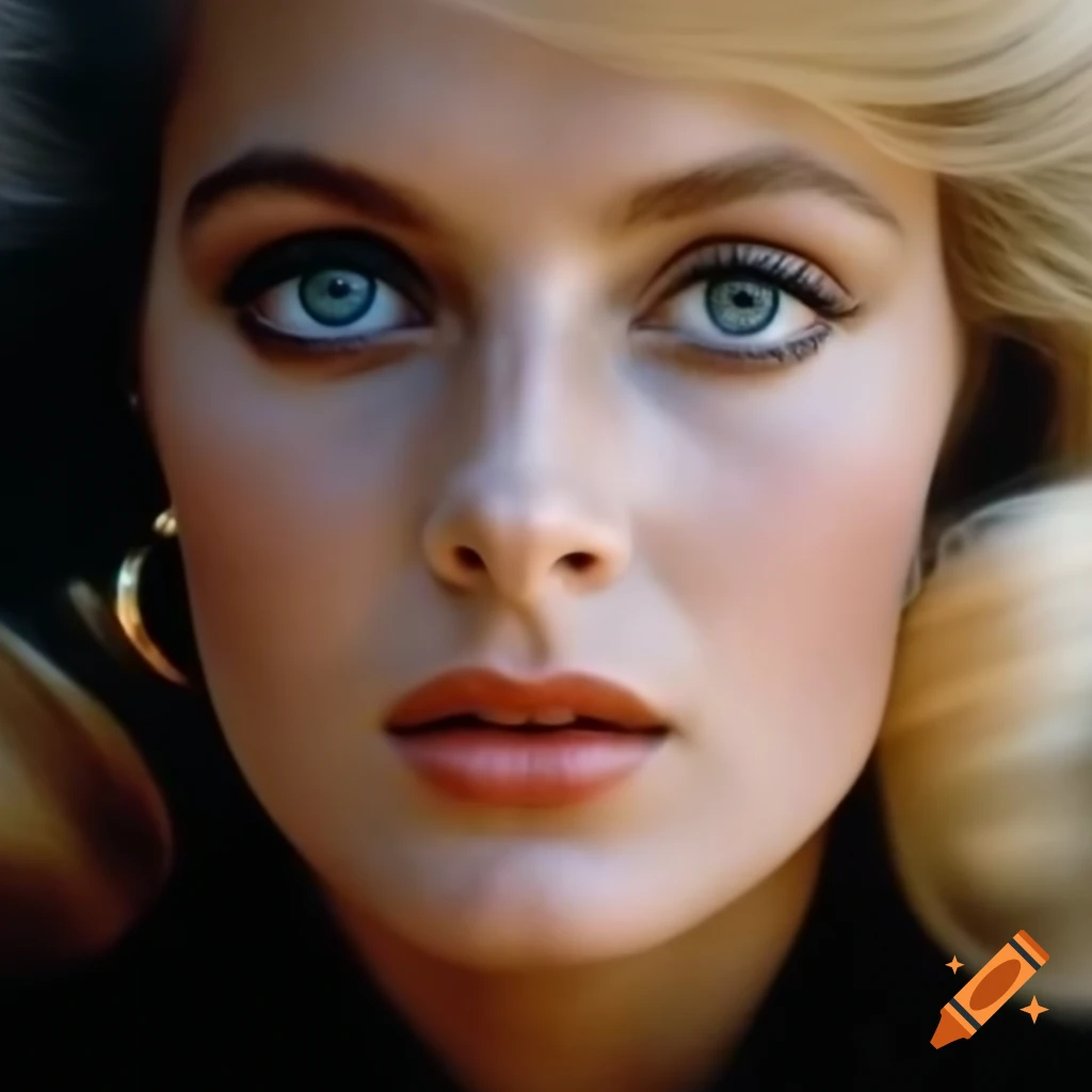 Hyper-realistic photograph of a beautiful European actress from 1963 with porcelain skin and blue eyes