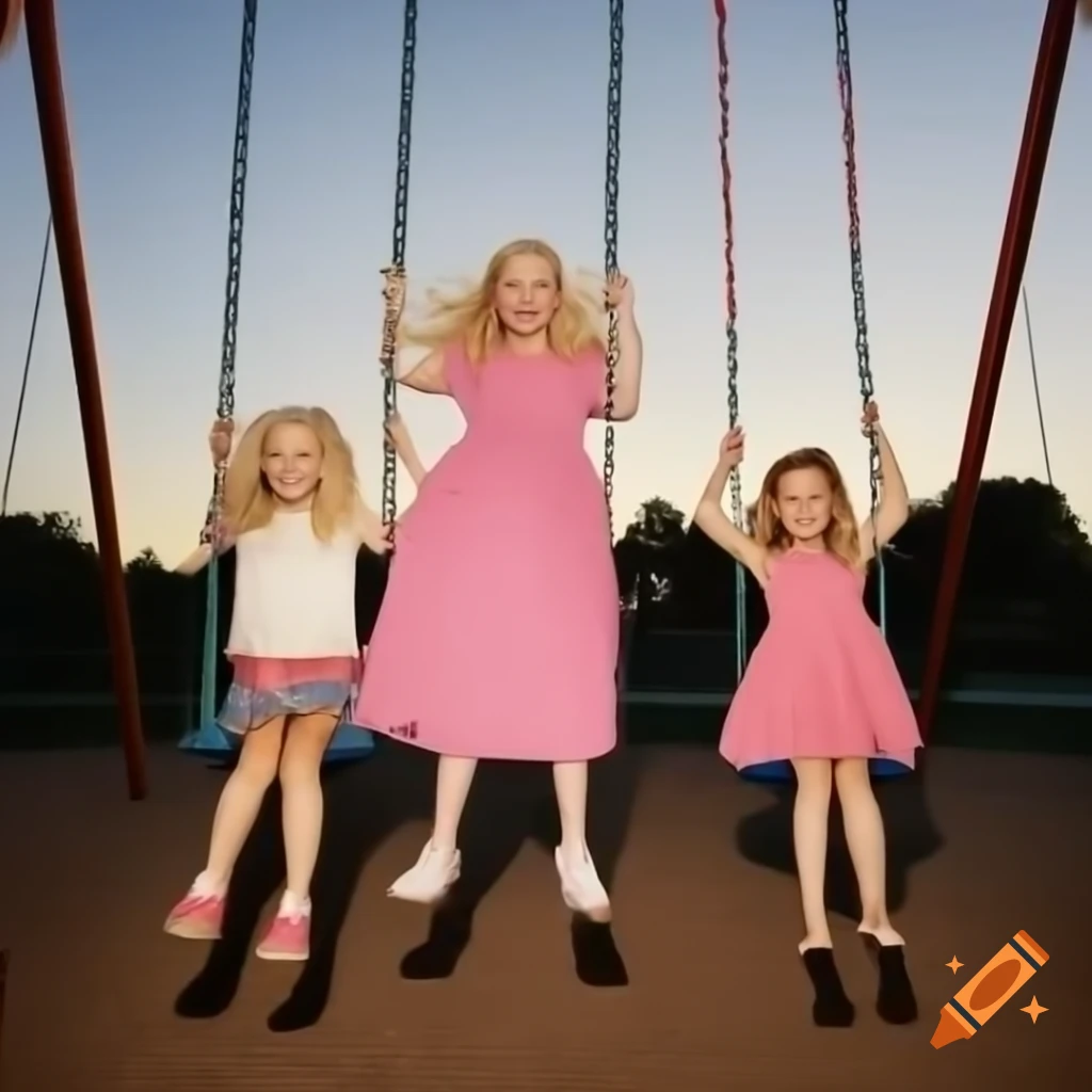 Woman in pink dress swinging joyfully on playground